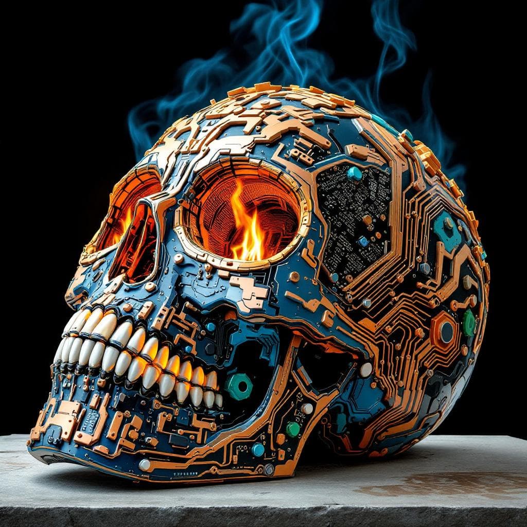 Calavera de circuitería: una sola flama viva en el ojo, humo azul al fondo. Cinco custodios en un solo cráneo.